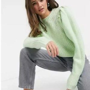 Topshop Pleated Sleeve Sweater Cropped Crewneck Pullover Pastel Mint Green